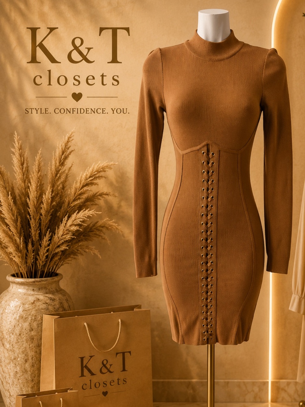 Hera Collection Brown Long-Sleeve Corset-Front Knit Dress
